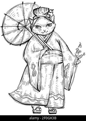 Chat habillé de kimono avec parapluie. Illustration à hachurage monochrome vintage isolée sur fond blanc. Motif dessiné à la main pour un t-shirt Banque D'Images