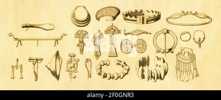 Illustration antique d'artefacts de l'âge du bronze tardif et de l'âge du fer. Publié dans Systematischer Bilder-Atlas zum conversations-Lexikon, Ikonographisc Banque D'Images