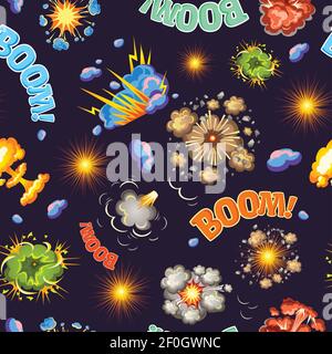 Style comique explosions sans couture motif avec lettrage typographique étoiles et éclairs sur une illustration vectorielle d'arrière-plan noire Illustration de Vecteur