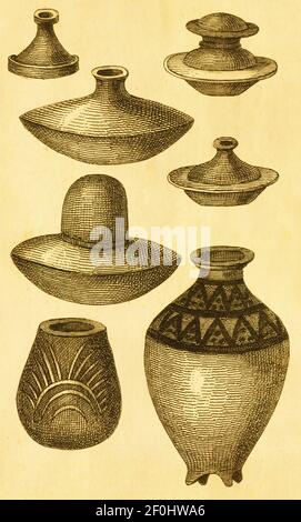 Gravure antique du XIXe siècle de poterie indienne. Publié dans Systematischer Bilder-Atlas zum conversations-Lexikon, Ikonographische Encyklopedie de Banque D'Images