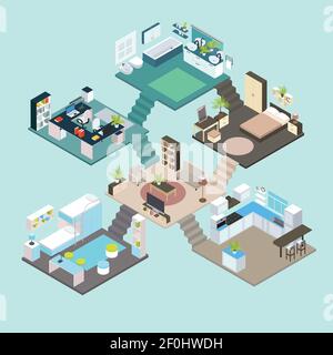 Chambres isométriques réparties sur différents étages avec des escaliers pièce intégrée à l'illustration vectorielle du salon Illustration de Vecteur