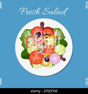 Plat de salade de légumes frais et de feuilles vertes Illustration de Vecteur
