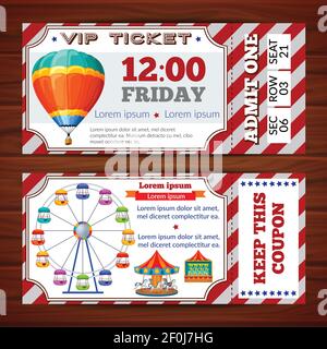 Billets pour le parc d'attractions avec substrat blanc rouge et attractions colorées illustration vectorielle isolée sur fond de bois Illustration de Vecteur