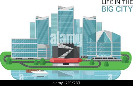 Concept de bâtiments de ville avec la vie de titre dans la grande ville et illustration vectorielle de gratte-ciel symétrique Illustration de Vecteur