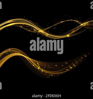 Flux lumineux avec paillettes dorées et éléments dorés ondulés. Illustration de Vecteur
