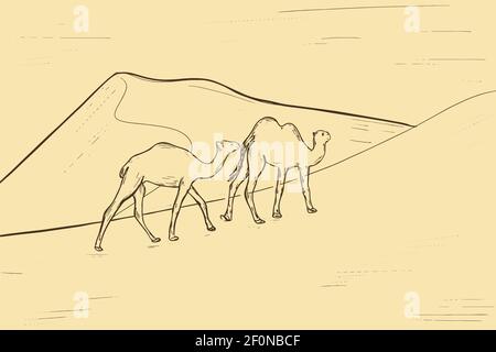 Une simple esquisse de chameaux dans le désert. Esquisse à main levée de deux chameaux. Vecteur. Illustration de Vecteur