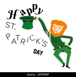 Saint Patrick, le Magicien, drôle personnage de dessin animé montrent les lettres, heureux Saint Patrick's Day, sort de son chapeau, illustration vectorielle. Illustration de Vecteur