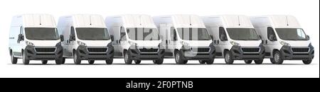 Camionnettes de livraison dans une rangée isolée sur blanc. Concept de service de livraison et d'expédition express. illustration 3d Banque D'Images