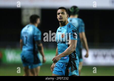 Bridgend, Royaume-Uni. 06e mars 2021. Ashton Hewitt, des Dragons, regarde. Guinness Pro14 Rugby Match, Osprey v Dragons au Morganstone Brewery Field de Bridgend, dans le sud du pays de Galles, le samedi 6 mars 2021. photo par Andrew Orchard/Andrew Orchard Sports Photography/Alay Live News crédit: Andrew Orchard Sports Photography/Alay Live News Banque D'Images