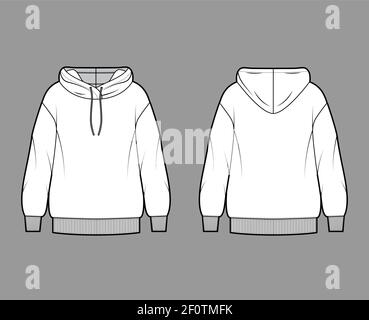 Sweat-shirt sweat-shirt à manches longues, corps large, poignets côtelés en tricot, ourlet à bande. Modèle de vêtement extra-large plat à l'avant, à l'arrière, de couleur blanche. Maquette CAD pour femmes et hommes Illustration de Vecteur