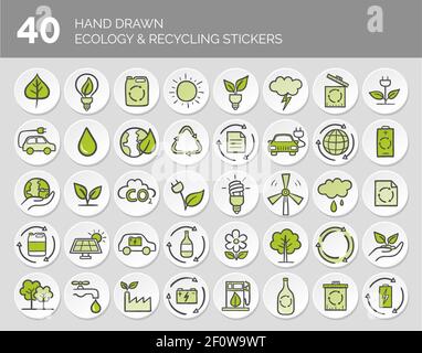 Jeu de boutons écologie et recyclage dessinés à la main. Illustration vectorielle. Illustration de Vecteur