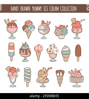 Jeu de 16 illustrations de glace vectorisées à la main isolées sur du blanc. Des cônes et des crèmes glacées aux saveurs différentes sont fabriqués dans un style de dessin animé. Illustration de Vecteur