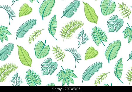 Motif tropical sans couture dessiné à la main avec des feuilles vertes. Illustration vectorielle. Illustration de Vecteur