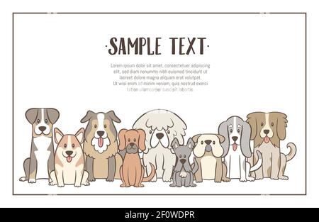 Troupeau de chiens avec un échantillon de texte. Arrière-plan de l'illustration dessinée à la main. Chiens assis en position vue avant. Illustration vectorielle. Illustration de Vecteur