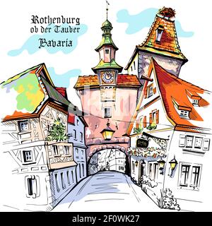 Croquis en couleur vectoriel de Markuturm dans la vieille ville médiévale de Rothenburg ob der Tauber avec le nom de la ville, Bavière. Illustration de Vecteur