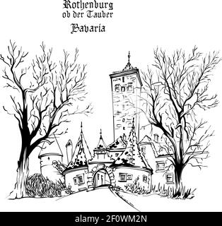 Dessin vectoriel noir et blanc de la porte et de la tour de la ville de l'Ouest Burgturm et Stadttor dans la vieille ville médiévale de Rothenburg ob der Tauber, Bavière Illustration de Vecteur