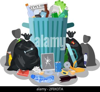 Poubelle en acier pleine de déchets. Illustration de Vecteur