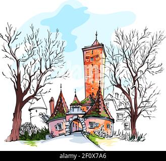 Croquis de couleur vectorielle de la porte et de la tour de la ville de l'Ouest Burgturm et Stadttor dans la vieille ville médiévale de Rothenburg ob der Tauber, Bavière Illustration de Vecteur
