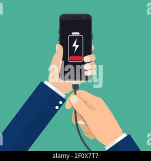La main tient un téléphone dont la charge de la batterie est faible. Illustration de Vecteur