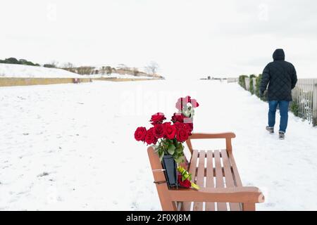 Roses rouges dans un banc à la mémoire d'un être cher. Le banc se trouve sur une promenade enneigée tandis qu'un homme passe à pied. Banque D'Images