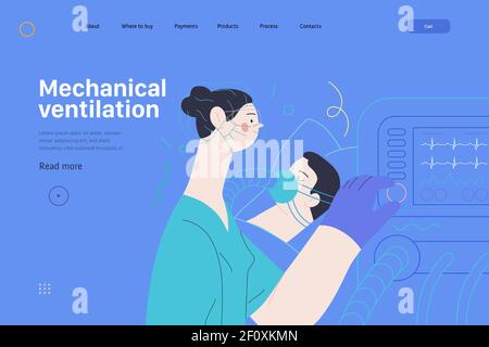 Modèle de page Web d'assurance médicale - ventilation mécanique - vecteur plat moderne concept d'illustration numérique - équipement de machine médicale de ventilateur pour Illustration de Vecteur