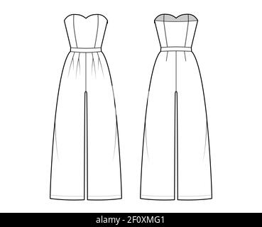 Combinaison sans bretelles combinaison technique de mode avec coupe longue, taille normale, taille haute, plis doubles. Vêtements plats à l'avant du dos, style blanc. Femmes, hommes unisex CAD maquette Illustration de Vecteur