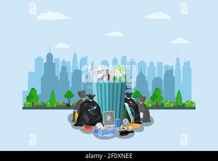 Poubelle en acier pleine de déchets. Illustration de Vecteur