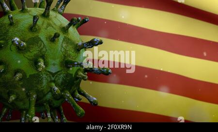 Illustration 3D du coronavirus flottant au-dessus du drapeau indépendant de la Catalogne, le pathogène attaque les voies respiratoires. Bannière catalane agitant avec pandémie Covid19 Banque D'Images