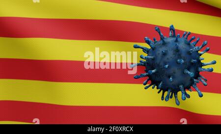 Illustration 3D du coronavirus flottant au-dessus du drapeau indépendant de la Catalogne, le pathogène attaque les voies respiratoires. Bannière catalane agitant avec pandémie Covid19 Banque D'Images