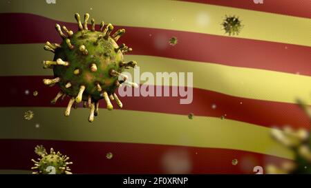 Illustration 3D du coronavirus flottant au-dessus du drapeau indépendant de la Catalogne, le pathogène attaque les voies respiratoires. Bannière catalane agitant avec pandémie Covid19 Banque D'Images