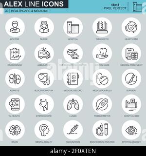 Icônes de santé et de médecine de ligne mince pour le site Web et le site mobile et les applications. Contient des icônes telles que médecin, hôpital, équipement médical. Pi 48 x 48 Illustration de Vecteur