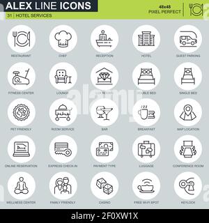 Icônes de services hôteliers de ligne mince définies pour le site Web et le site mobile et les applications. Contient des icônes telles que le restaurant, les services en chambre, la réception. 48 x 48 pixels perf Illustration de Vecteur