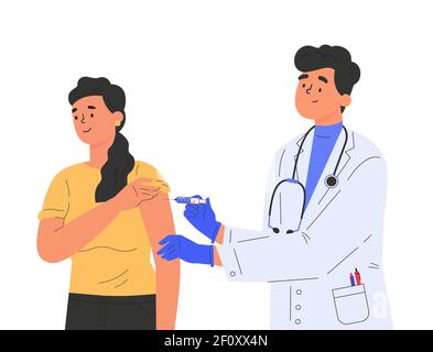 Un médecin de sexe masculin fait un vaccin à une patiente. Illustration de Vecteur