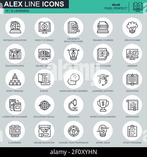 Jeu d'icônes d'e-livre, d'e-learning et d'éducation en ligne pour sites Web et sites mobiles et applications. Contient des icônes telles que Livre, Bibliothèque, webinaire. Pi 48 x 48 Illustration de Vecteur