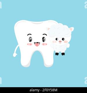 Pâques mignonne dent avec brebis icône dentaire isolée sur fond. Illustration de Vecteur