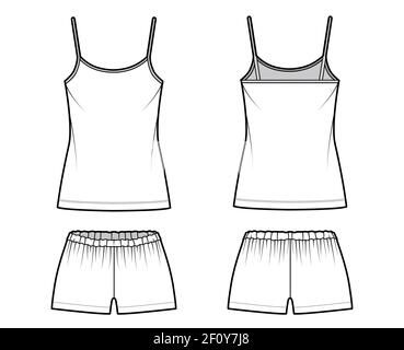 Caraco Pajama Short Sleepwear technique mode illustration avec décolleté rond Cami, longueur mini, large, taille élastique basse. Vêtements plats à l'avant dans le dos, coloris blanc. Femmes, hommes unisex CAD maquette Illustration de Vecteur