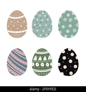 Ensemble d'œufs de Pâques mignons et décorés, isolés sur fond blanc. Collection de symboles de fêtes religieuses couverts de différents motifs - points Illustration de Vecteur