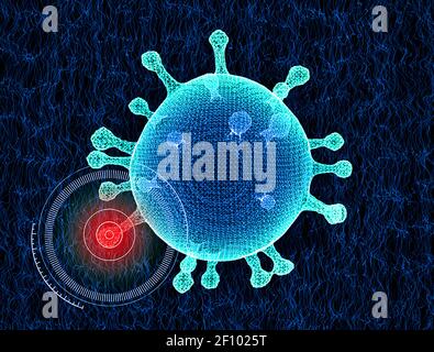 Vue microscopique du coronavirus, un agent pathogène qui attaque les voies respiratoires. Covid-19. Analyse et test, expérimentation. Infection virale Banque D'Images