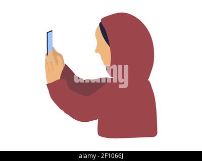 Femme portant le hijab en utilisant son illustration de téléphone. Femme arabe moderne utilisant la technologie, icône des médias sociaux. Isolé sur un arrière-plan de wite. Vecteur. Illustration de Vecteur