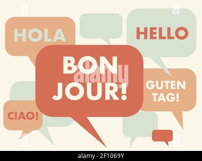 Illustration du concept des cours de français. Traduction de gauche à droite : mot « Bonjour » en italien, espagnol, français, anglais et allemand. A Illustration de Vecteur