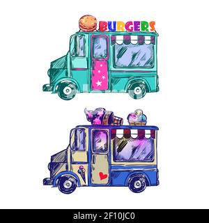 Croquis de camion alimentaire de couleur avec deux icônes hamburgers de camion et illustration du vecteur de crème glacée Illustration de Vecteur