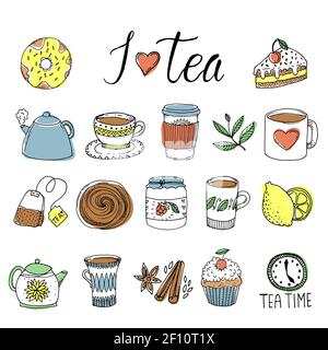 Ensemble de thés dessinés à la main avec des feuilles vertes et des épices tasses et pots bonbons illustration vectorielle isolée Illustration de Vecteur