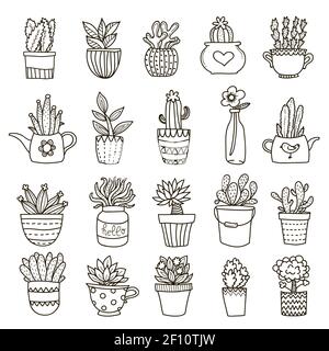 Plantes de maison et de bureau en pots bough icônes décoratives ensemble avec des contours noirs sur une illustration vectorielle d'arrière-plan vierge Illustration de Vecteur