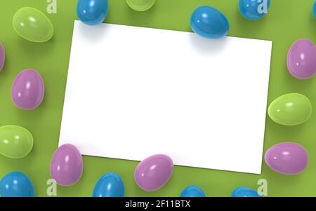 Œufs de Pâques colorés alignés sur du papier - espace de copie pour le texte (modèle fixe vierge). Pose à plat. Rendu 3D Banque D'Images