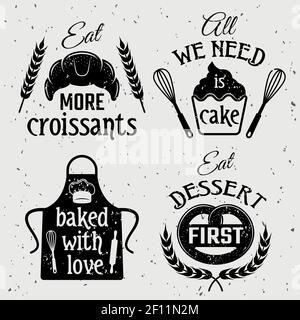 Boulangerie avec citations monochrome ensemble comprenant des sayings typographiques pâtisserie culinaire outils sur l'illustration vectorielle isolée d'arrière-plan de texture Illustration de Vecteur