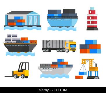 Icônes orthogonales de port de mer avec les navires et le phare de camion illustration vectorielle isolée du dépôt et du chargeur de fret Illustration de Vecteur