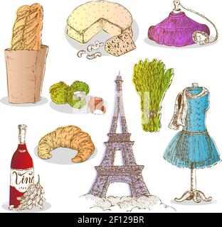 Ensemble isolé de symboles français dessinés à la main avec divers aliments français vêtements à vin et illustration vectorielle plate de la tour eiffel Illustration de Vecteur