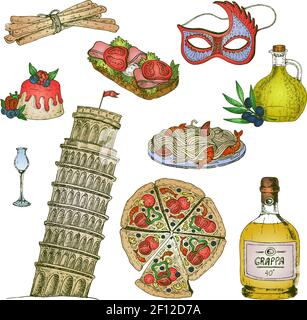 Ensemble isolé d'éléments dessinés à la main avec boissons alcoolisées de carnaval de nourriture masque et tour penchée de l'illustration vectorielle de piza Illustration de Vecteur