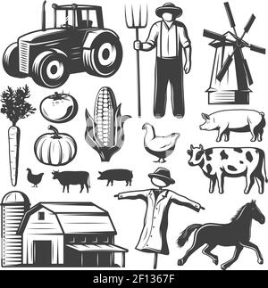 Icônes décoratives noires isolées sur fond blanc avec ferme illustration vectorielle des symboles animaux et véhicules essentiels Illustration de Vecteur