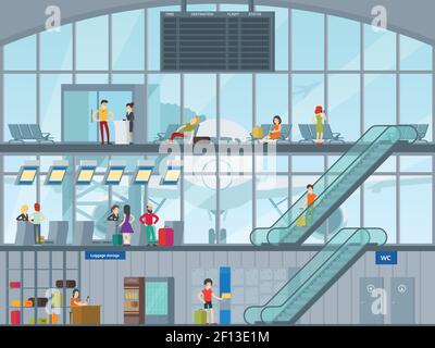 Concept « People in Airport » avec passagers se rendant dans le coffre à bagages illustration du vecteur de contrôle douanier et d'embarquement en avion d'attente Illustration de Vecteur